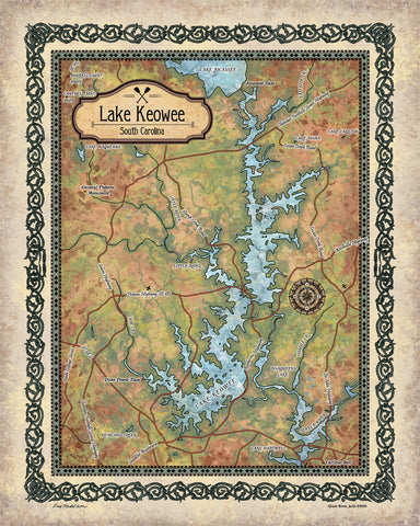 Lake Keowee, South Carolina, Vintage map, Vintage map art, south carolina map, lake art, lake map, lake life, lake house, map lake Keowee