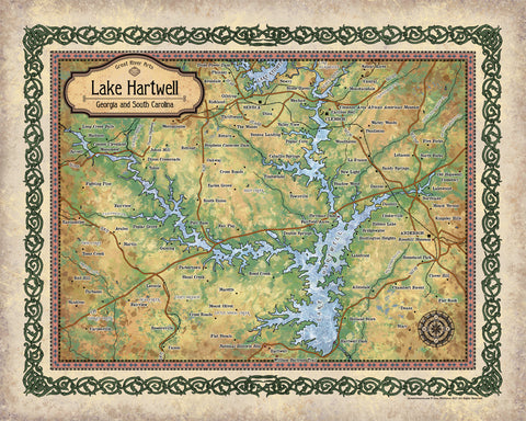 Lake hartwell, Georgia lakes, lake life, lake house, lake art, lake gifts, hartwell lake SC, SC lake map, vintage map, map gifts, lake gifts
