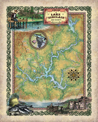 Lake Sinclair, sinclair lake, lake sinclair map, old maps georgia, wall art, sinclair cabin decor, large wall map art, lake gift, lake house