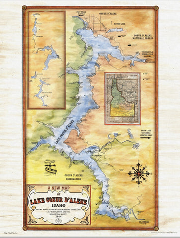 Lake Coeur D'Alene, Coeur D'Alene, Spokane, Idaho Lakes, lake map, lake art, Idaho Gifts, Lake house, custom lake maps, lake gifts, lake map