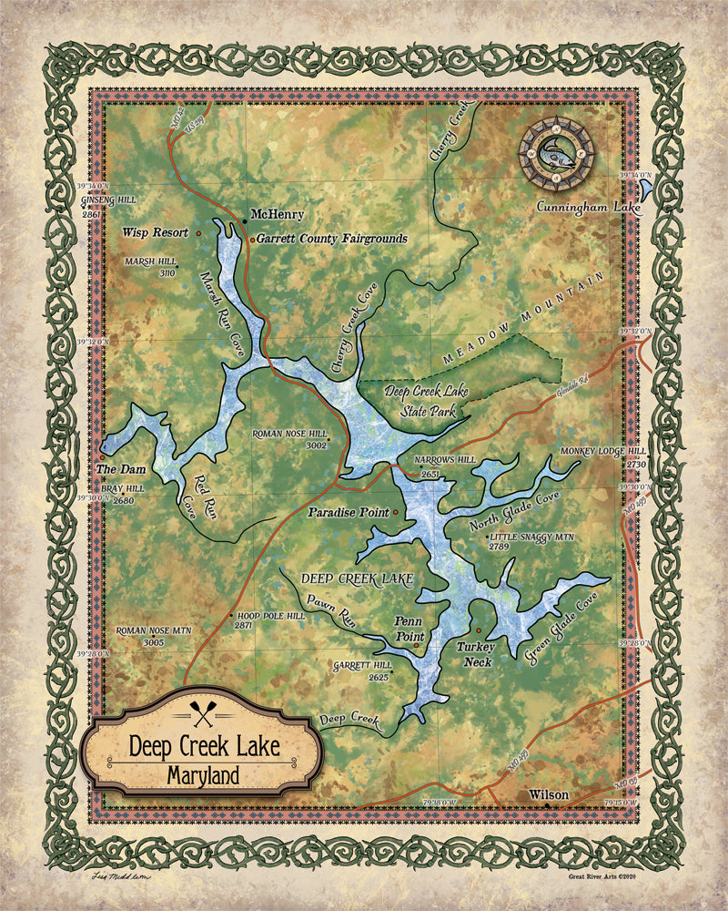Great River Arts Deep Creek Lake Historic Map Reproduction Artwork Wall Art Print Vintage