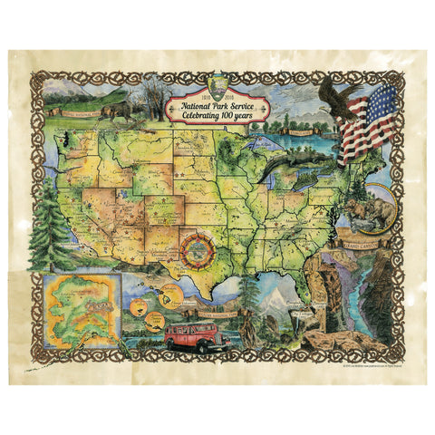 National Park Service Centenial Map 11x14" UV resistant map print designed and painted by Lisa Middleton