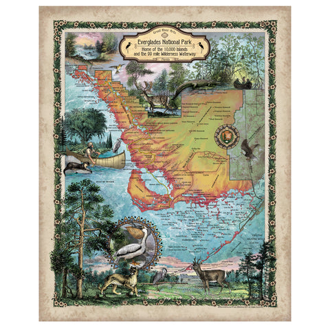 Everglades national park map. Florida Map, Florida Gifts, Beach House Wall Art, Costal Wall Decor, Vintage Florida Art, Beach House, canoe