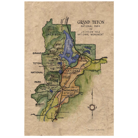 49 Grand Teton National Park 1938 vintage historic antique map poster print by Lisa Middleton