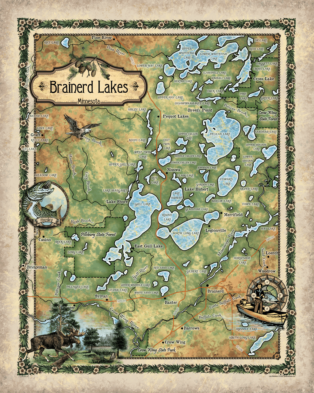 Brainerd Lakes Minnesota Historic Map Art Print Poster Artwork Vintage Style Abstract Wall-Unframed Great Home Decor & Gift