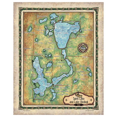 Great River Arts Spirit Lake and Lake Ookoboji Historic Map Reproduction Artwork Wall Art Print Vintage