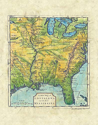 Great River Arts New of Louisiana in English Historic Map Reproduction Artwork Wall Art Print Vintage
