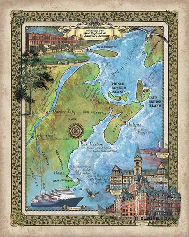 247 New England and the St. Lawrence Seaway custom map,ontario,michigan,lake huron,great lakes,rhode island,pennsylvania,hand painted map by