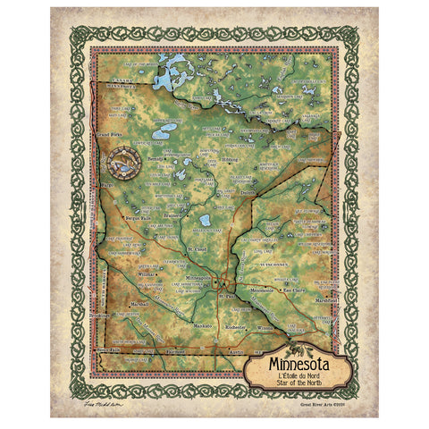 Great River Arts Minnesota Star of The North Historic Map Reproduction Artwork Wall Art Print Vintage