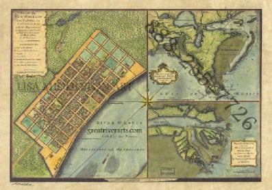 90 Louisiana: New Orleans French Quarter 1720 vintage historic antique map poster print by Lisa Middleton