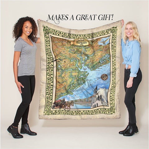 Charleston South Carolina Map Art Throw Blanket Sherpa Fleece Vintage Map Artwork Warm Blanket for Winter Travel Bed Sofa Chair Dorm & Gift