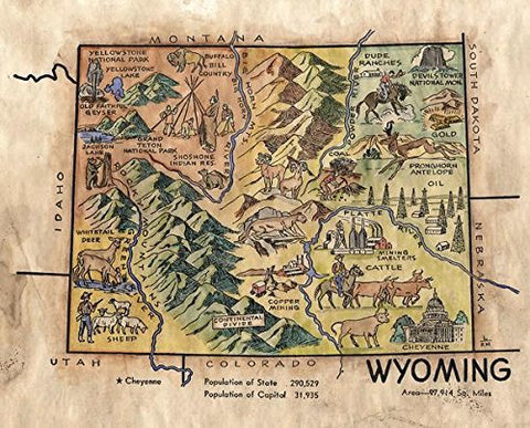 Great River Arts Kids Wyoming Historic Map Reproduction Artwork Wall Art Print Vintage