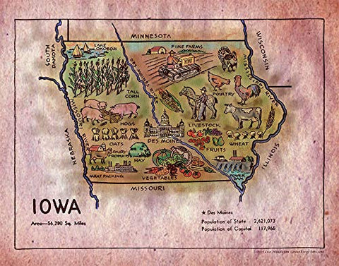 Great River Arts Kids Iowa Historic Map Reproduction Artwork Wall Art Print Vintage