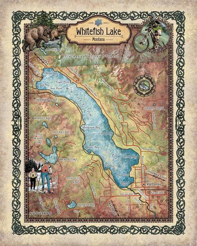 Montana map Whitefish Lake custom lake art montana