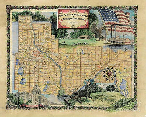 Great River Arts Minneapolis St. Paul Vintage Custom Art Historic Map Reproduction Artwork Wall Art Print Vintage