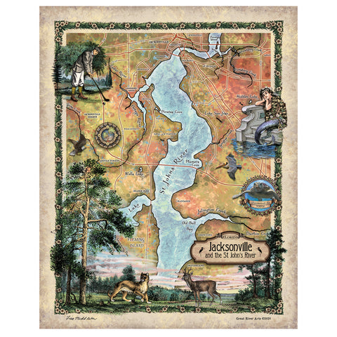 Great River Arts Jacksonville and The St. John's River Historic Map Reproduction Artwork Wall Art Print Vintage