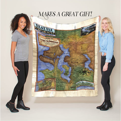 Lake Washington Seattle Historic Map Art Throw Blanket Polar/ Silky/ Sherpa Fleece Vintage Blanket For Bed Sofa Chair Couch Gift & Traveling
