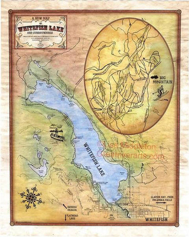 Vintage montana, montana map, Whitefish Lake, Montana vintage historic painting poster print. map, old map, whitefish map, montana gifts