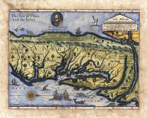Virginia Map, Map of Virginia, Virginia Map Print, Historical Maps, Sir Francis Drake, Virginia Gifts, Cartography Vintage, Chesapeake Bay