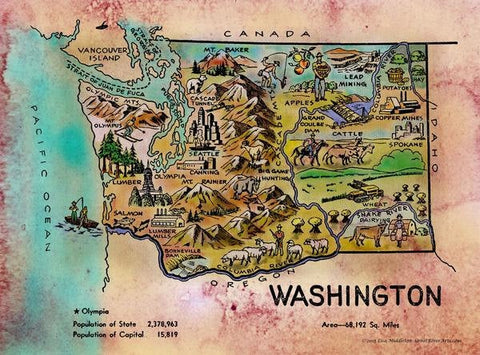 Kid's map Washington, vintage map, coloring book map, vintage coloring book, pin up coloring book map, children's maps, kid's maps, coloring