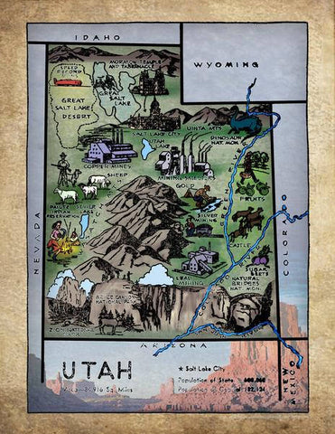 237 Illustrated map of Utah, c. 1950's vinatge historic antique map painting poster print by Lisa Middleton