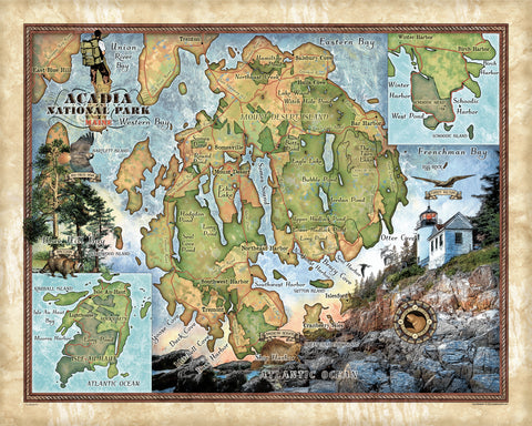 Acadia National Park Maine Historic Map Art On Wood/Metal Sign Vintage Style Wall Decor for Home Livingroom Office Dorm Classroom Great Gift