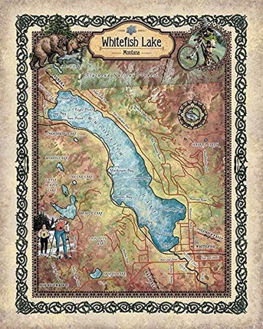Whitefish Lake Montana Map Art Blanket Throw Sherpa Fleece Vintage Artwork Blanket For Bed Sofa Couch Gift & Winter Traveling
