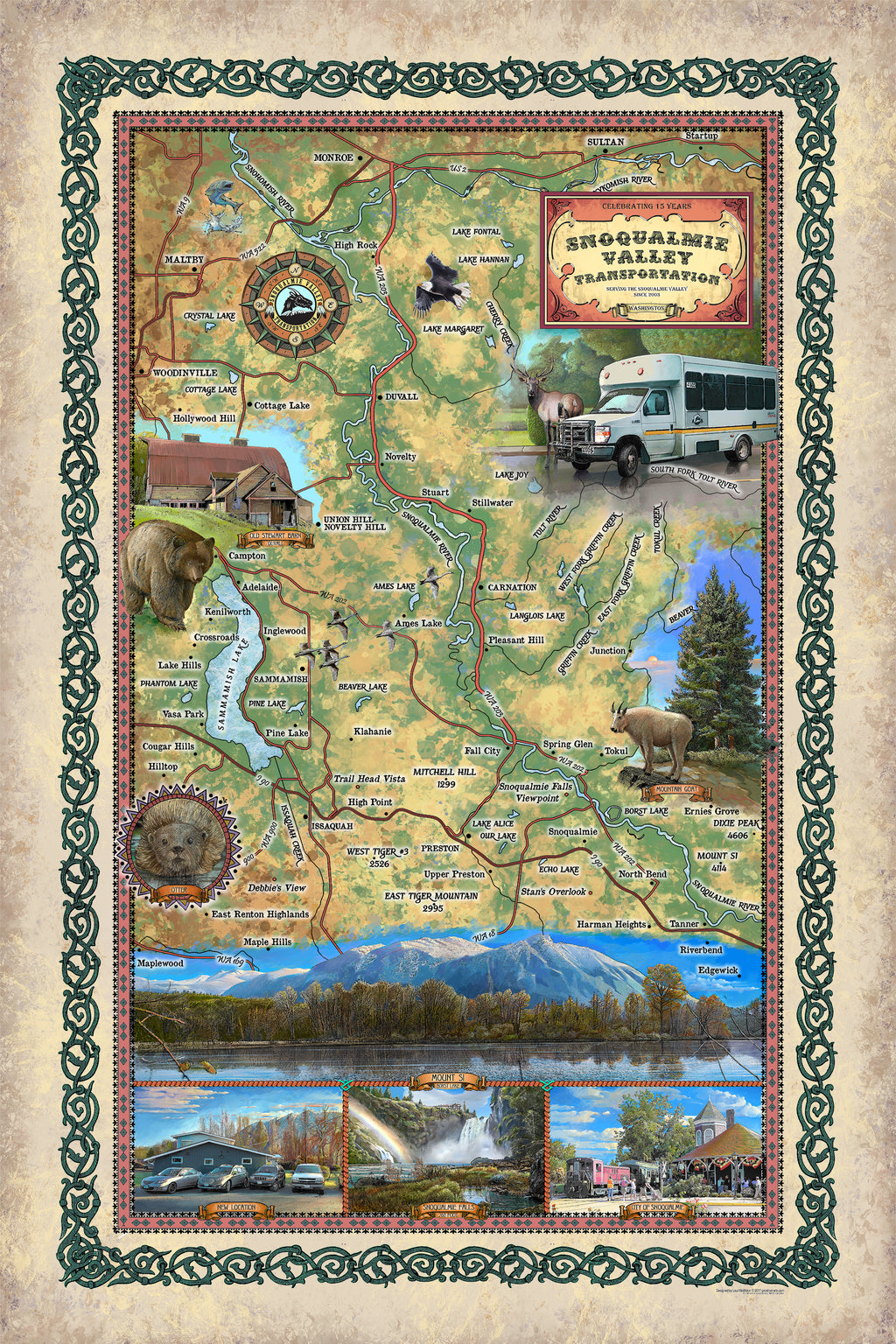 Custom order Snoqualmie Valley Transportation, Washington Custom map design, colorization + print