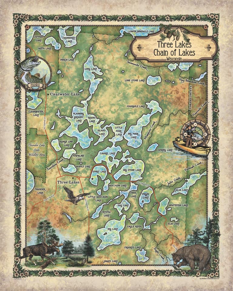 Three Lakes Chain of Lakes, Wisconsin Lake Art